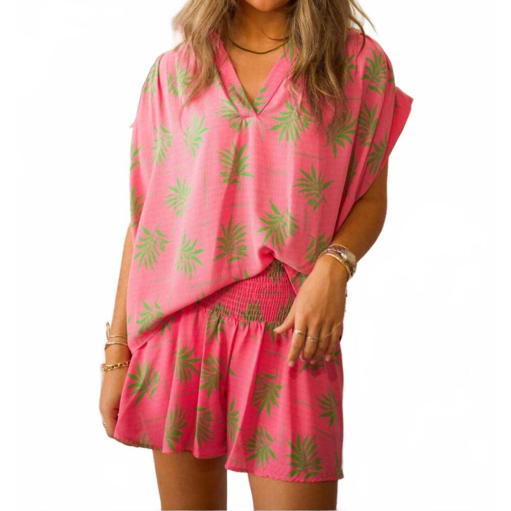 NEW ADRIENNE smocked wide waist swing short in summer palms - Picture 2 of 3